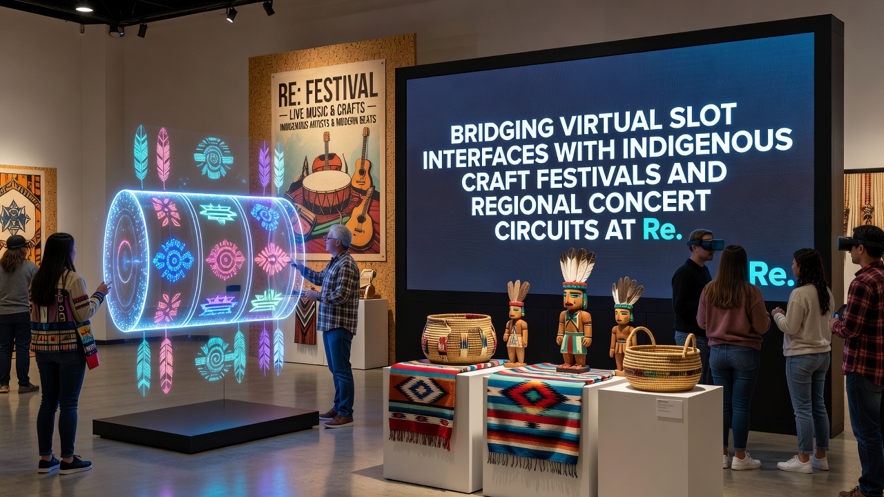 Concert circuit performers on stage with nearby craft festival displays connected through resort digital booking systems