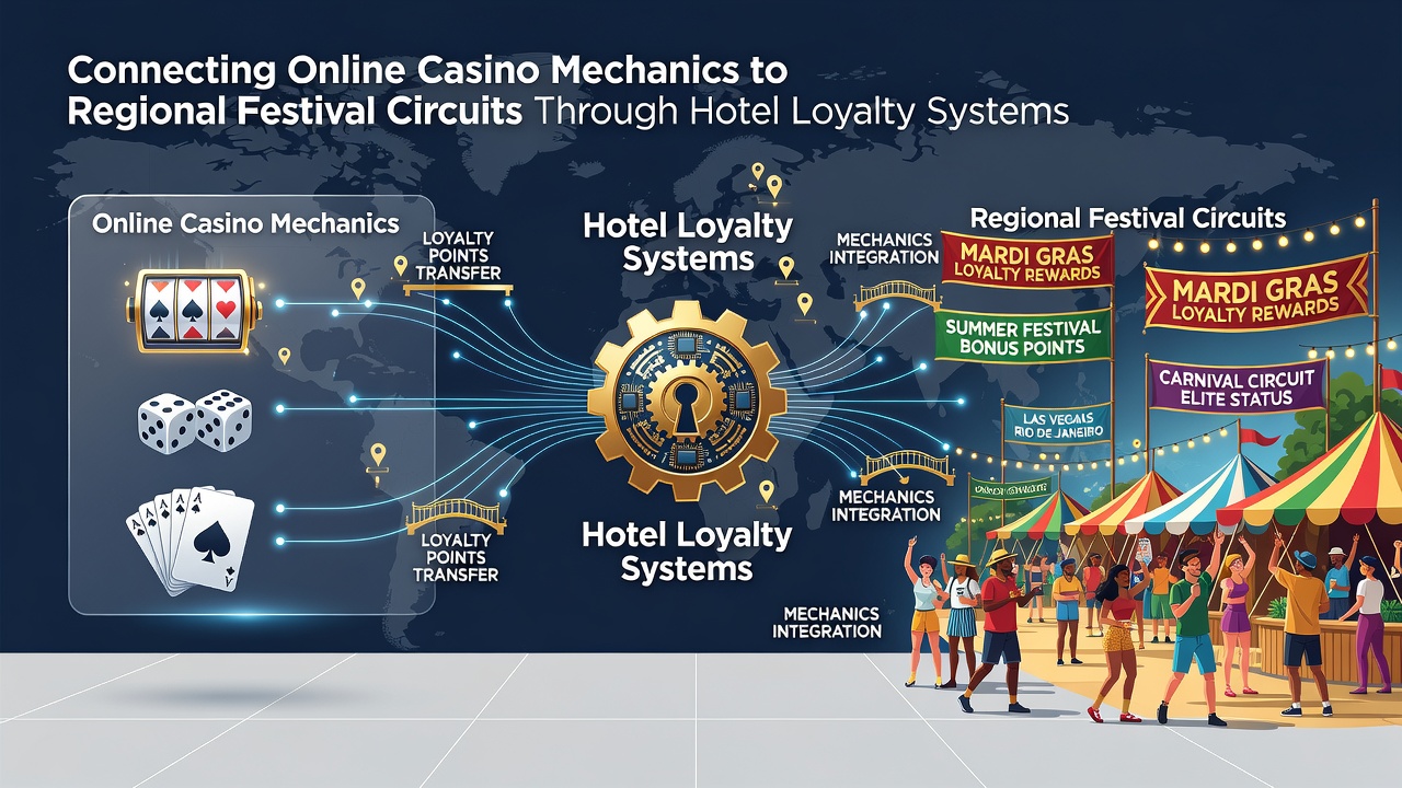 Regional festival circuit map overlaid with casino loyalty redemption zones showing connected hotel properties and event venues
