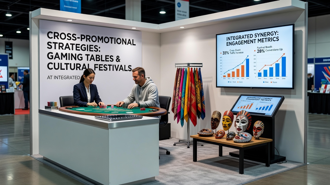 Cultural festival stage adjacent to resort gaming tables with attendees moving between areas