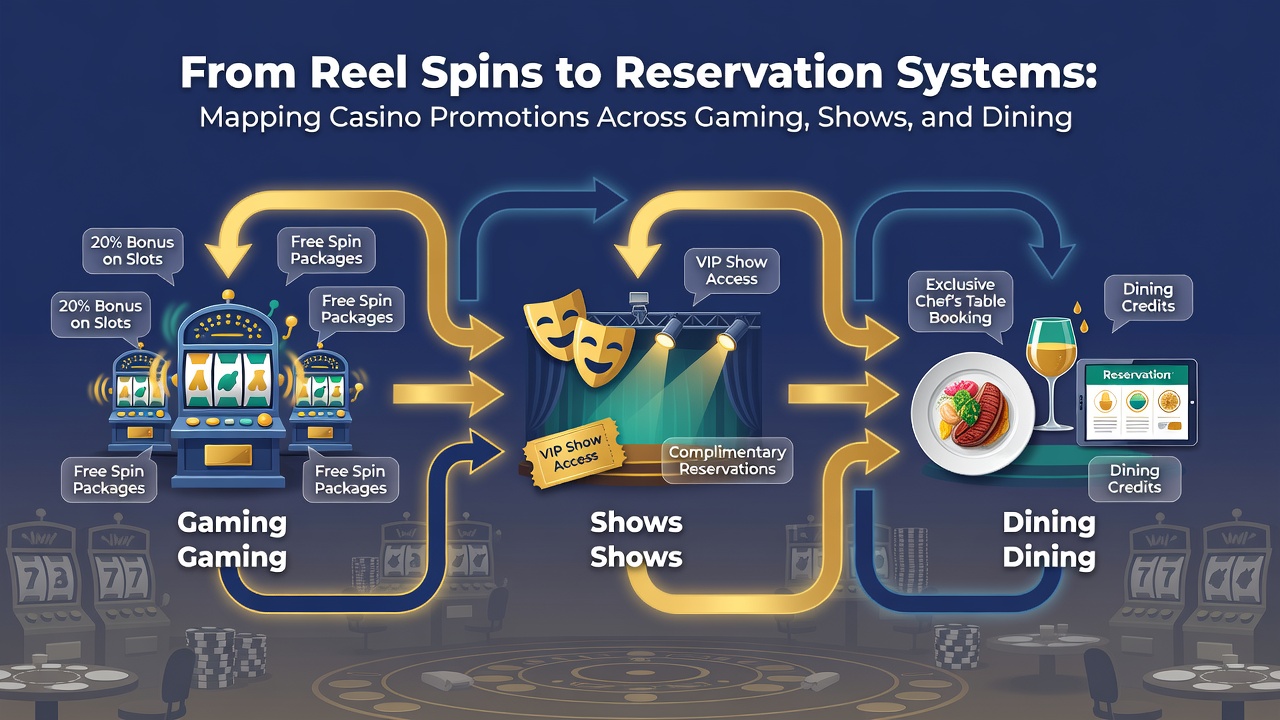 Integrated reservation dashboard displaying gaming points conversion into show tickets and dining bookings
