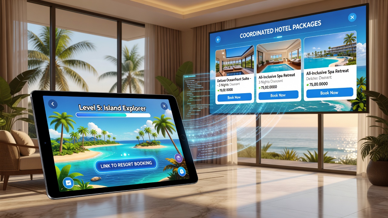 Integrated resort dashboard showing coordinated access to dining promotions and hotel packages from a mobile game