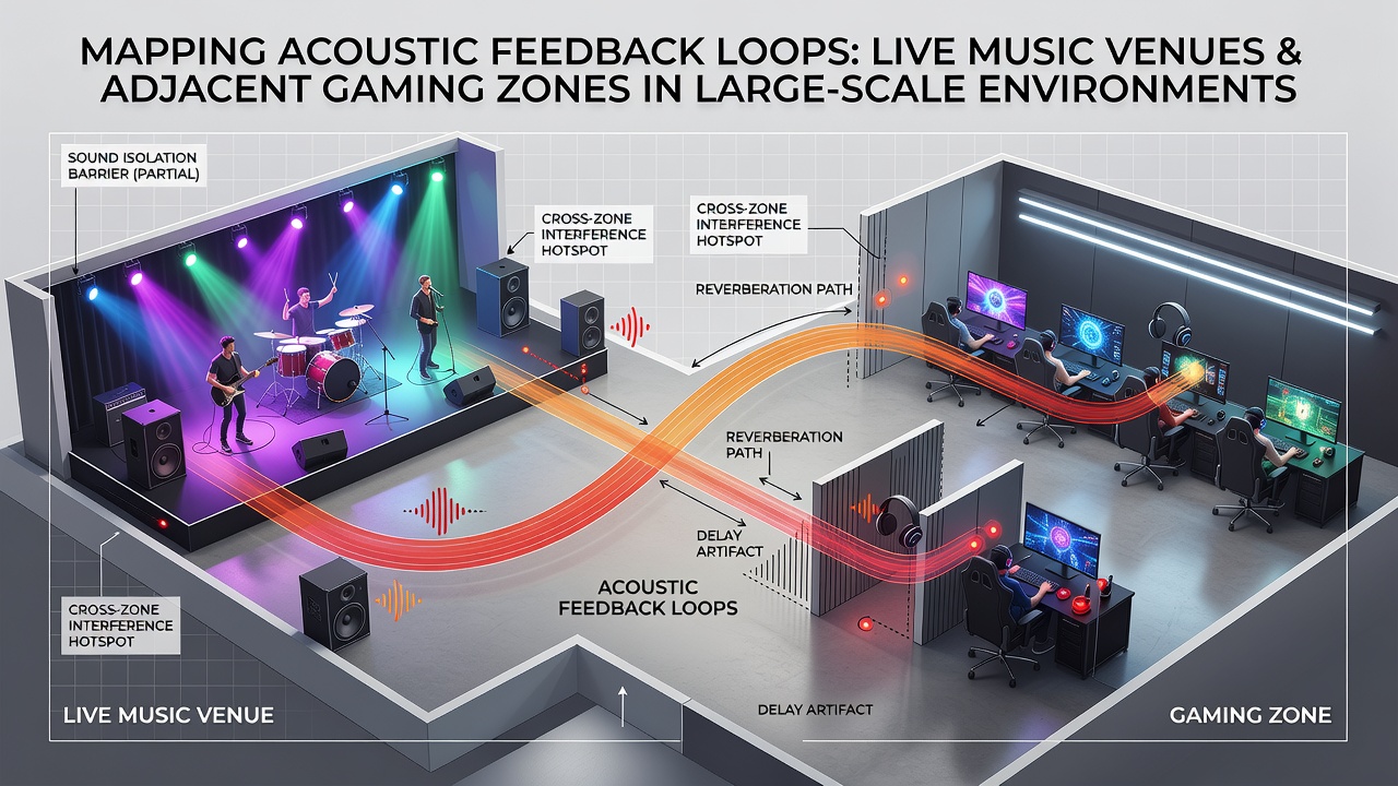 Detailed acoustic mapping visualization showing sound paths between a concert venue and adjacent slot machine area