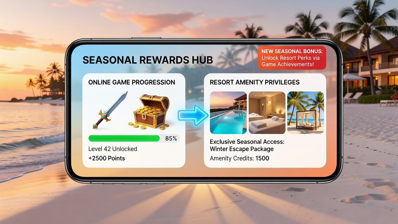 Resort guest using mobile device to redeem virtual game rewards for live entertainment access