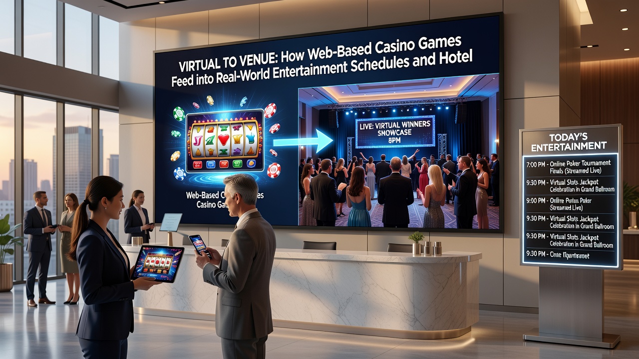 Casino hotel suite with digital tablet displaying synced entertainment schedule and booking confirmation