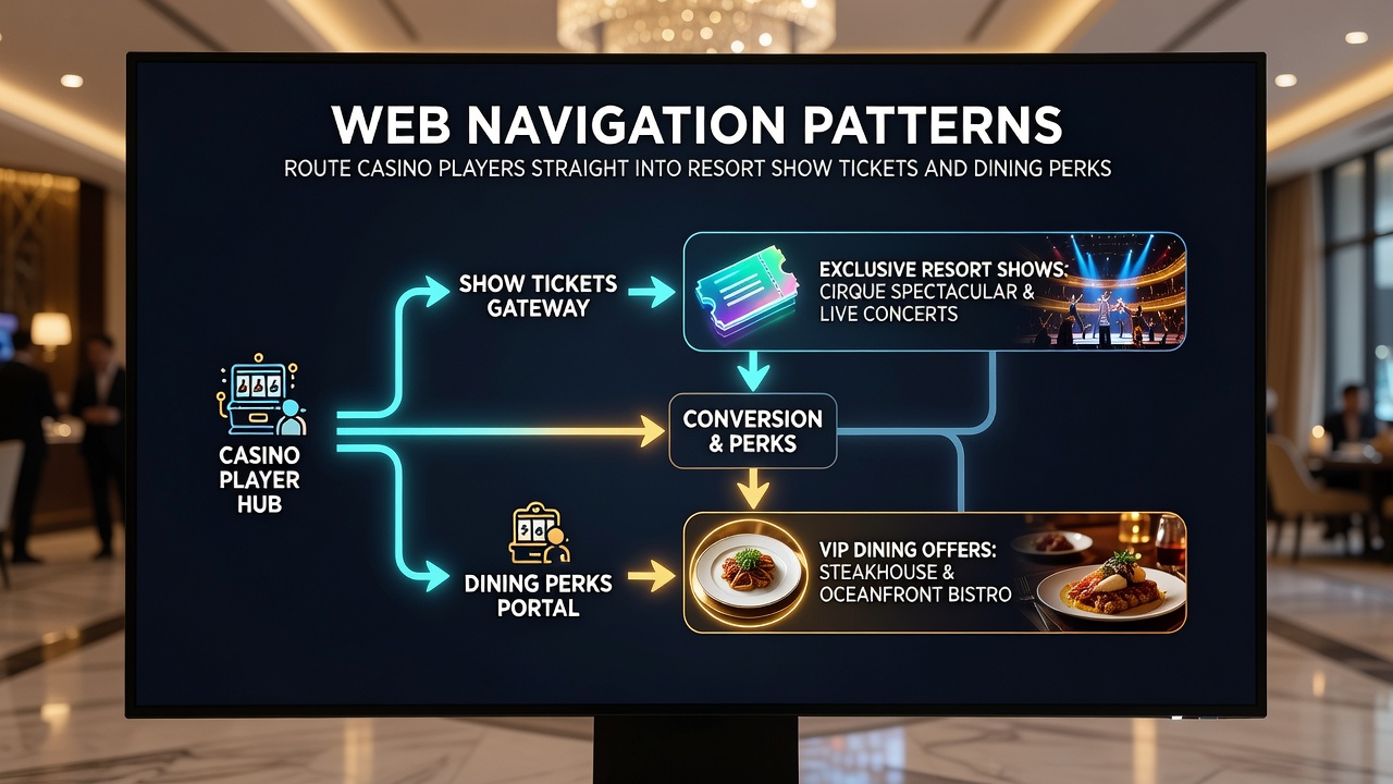 Detailed view of casino app navigation routing players to dining perks and live show ticket options