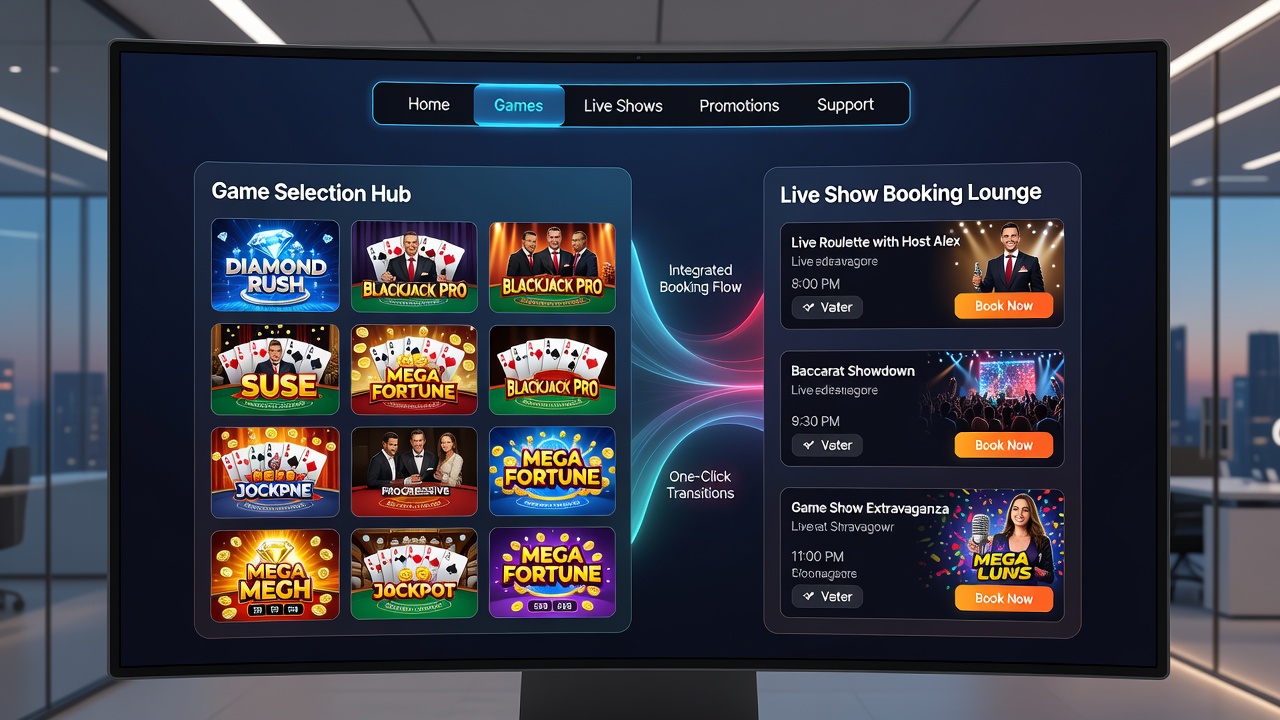 Detailed view of merged navigation menu linking casino games to live entertainment schedules